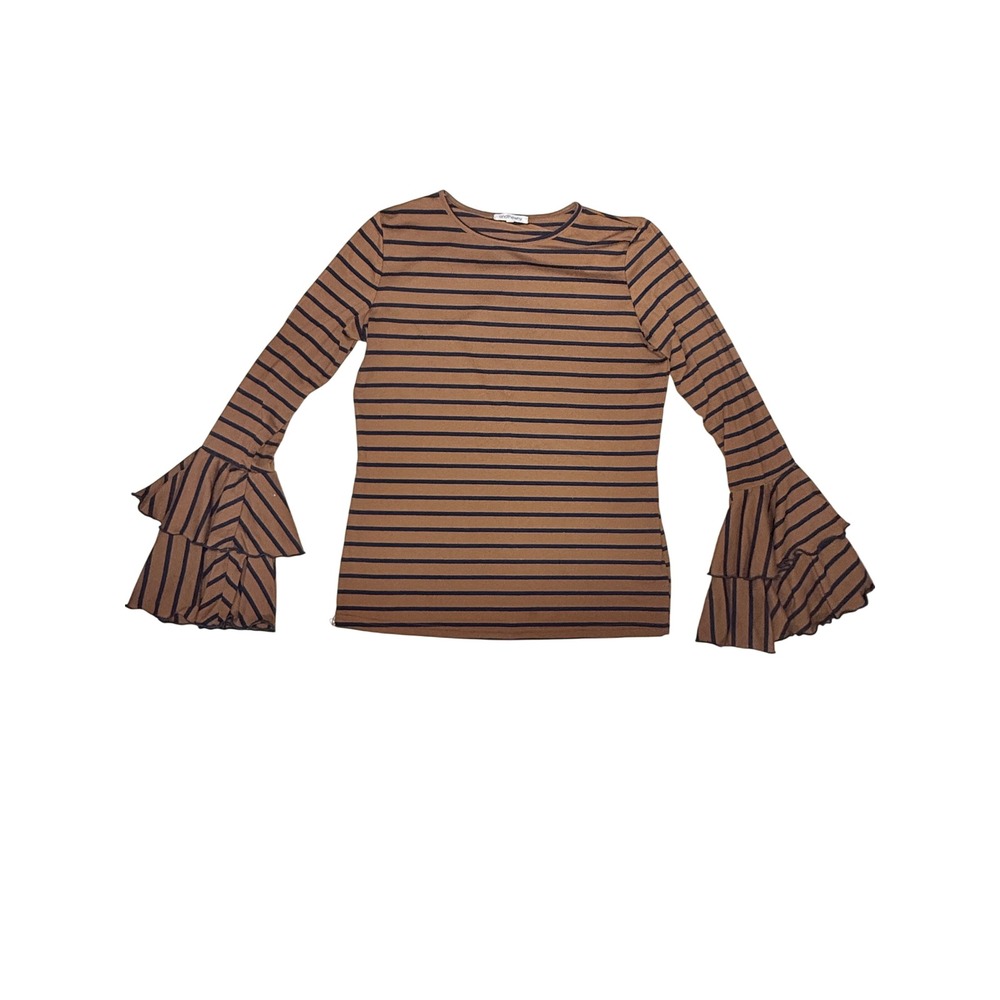 andthewhy Brown Black Striped Long Sleeve Ruffle Bell Sleeve Top Womens Small